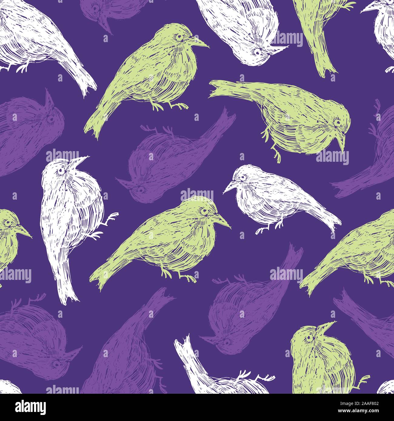 Vector purple seamless pattern with hand drawn cute fat birds made with ...