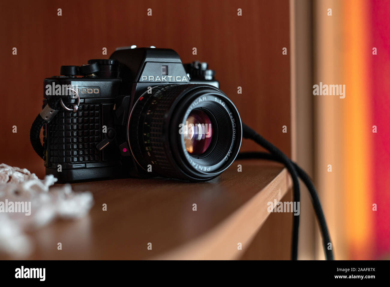 Old SLR Vintage camera Praktica B200 placed on a shelf. Wroclaw, Poland -  October 22. 2019: 35mm film made by German company Pentacon between 1983  and Stock Photo - Alamy