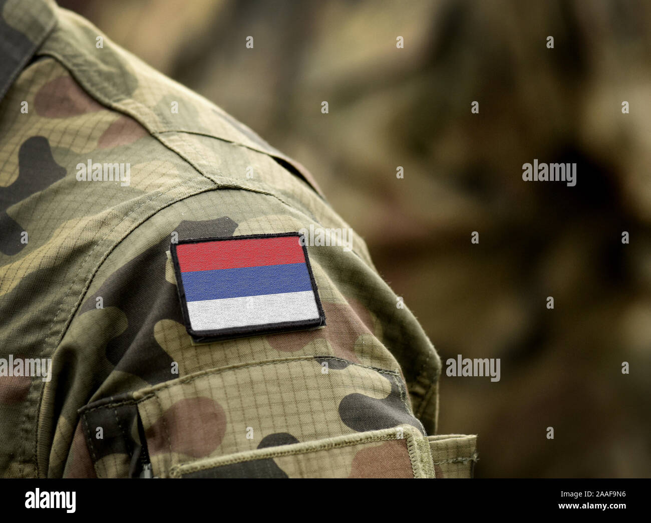 Flag of Republika Srpska on military uniform. Army, armed forces, soldiers. Collage. Stock Photo