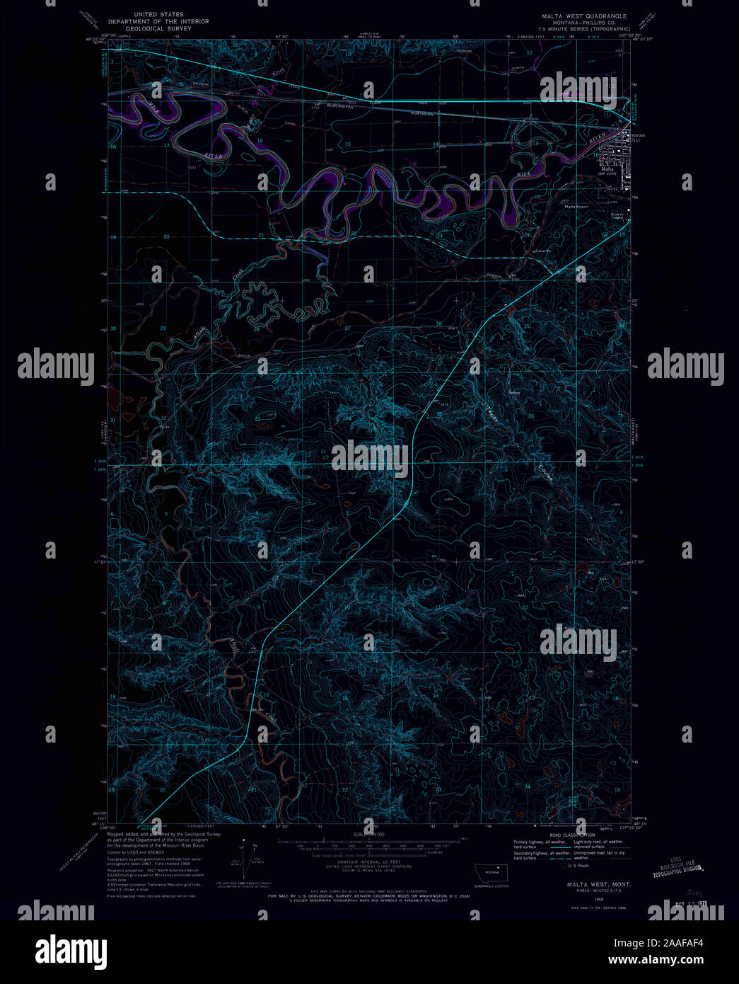 USGS TOPO Map Montana MT Malta West 265216 1968 24000 Inverted Restoration Stock Photo