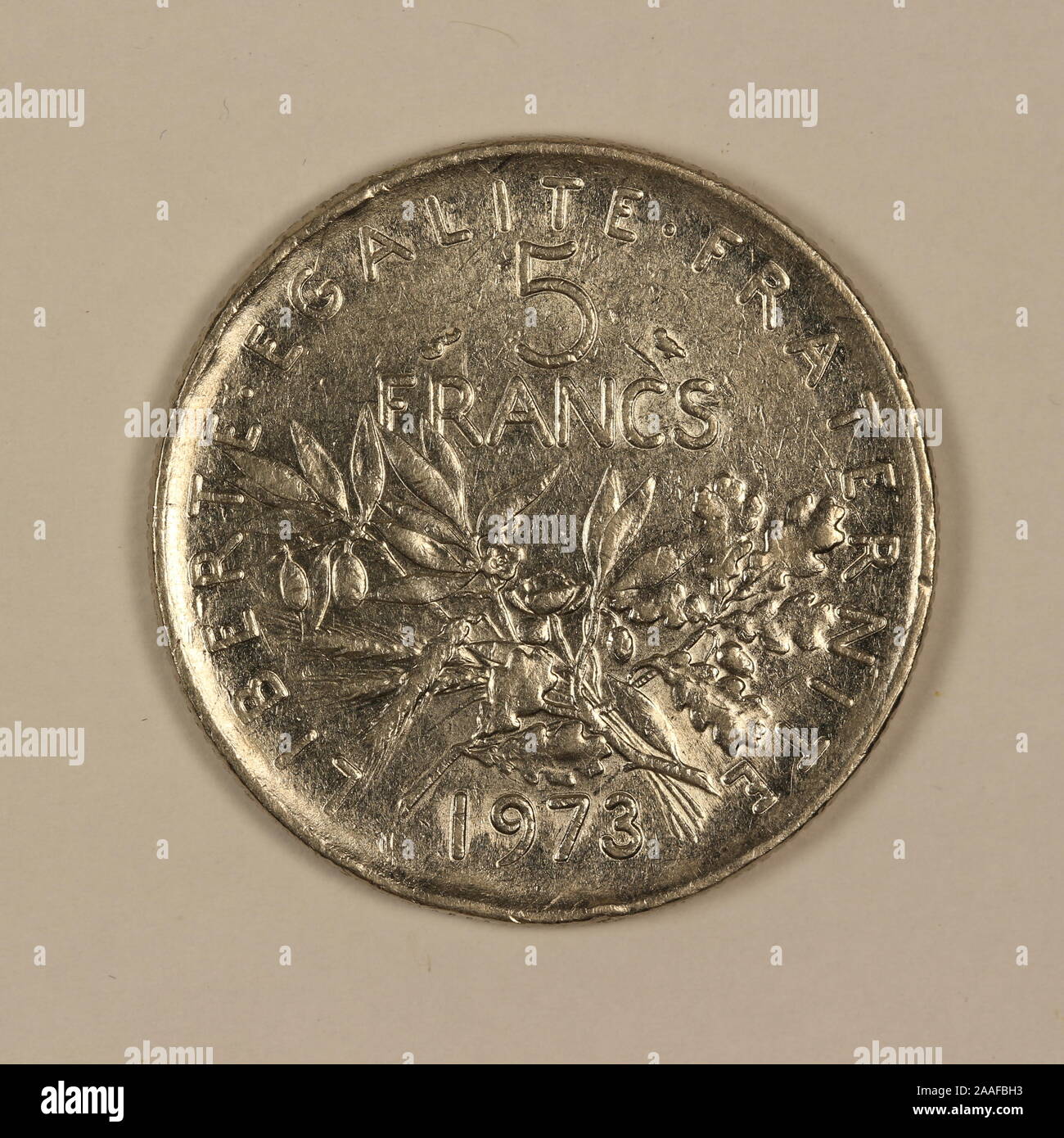 Vorderseite einer ehemaligen Französischen 5 Francs-Münze Stock Photo