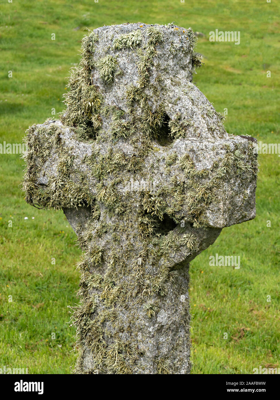 Lichen covered Celtic Cross, Lower Kilchattan Cemetery, Isle of Colonsay, Scotland, UK Stock Photo