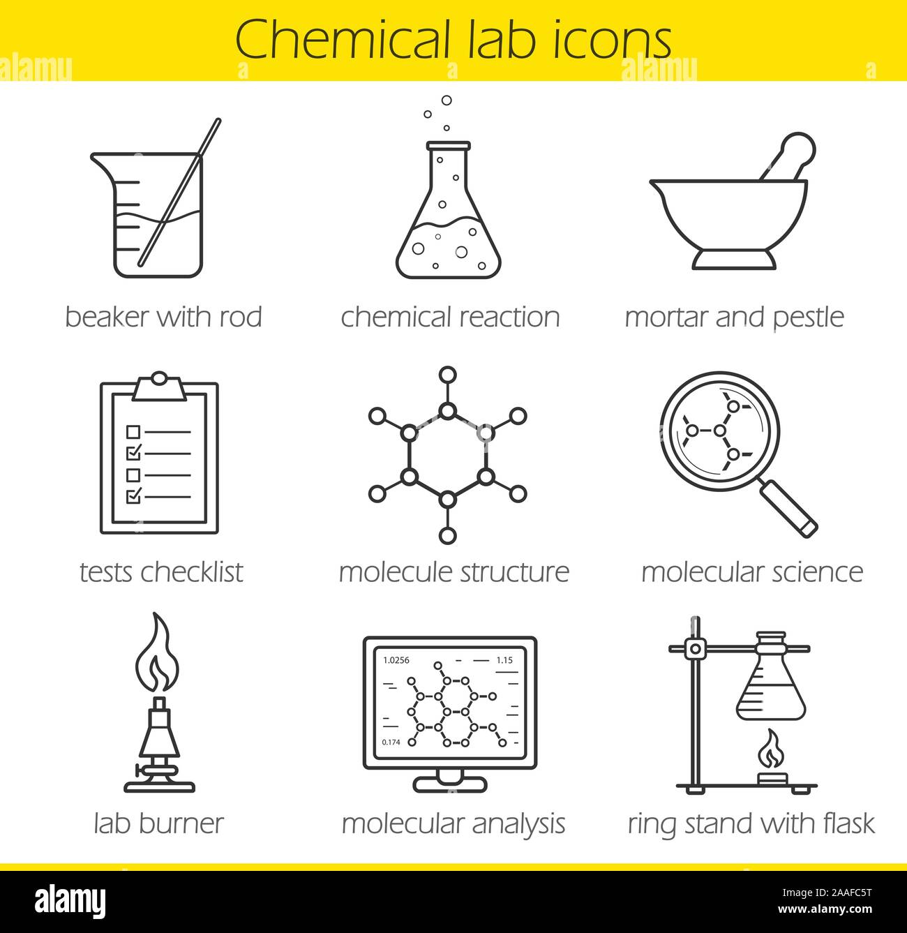 Chemical laboratory equipment linear icons set. Beaker with rod, chemical  reaction and test checklist. Molecule structure and lab burner. Chemistry  la Stock Vector Image & Art - Alamy