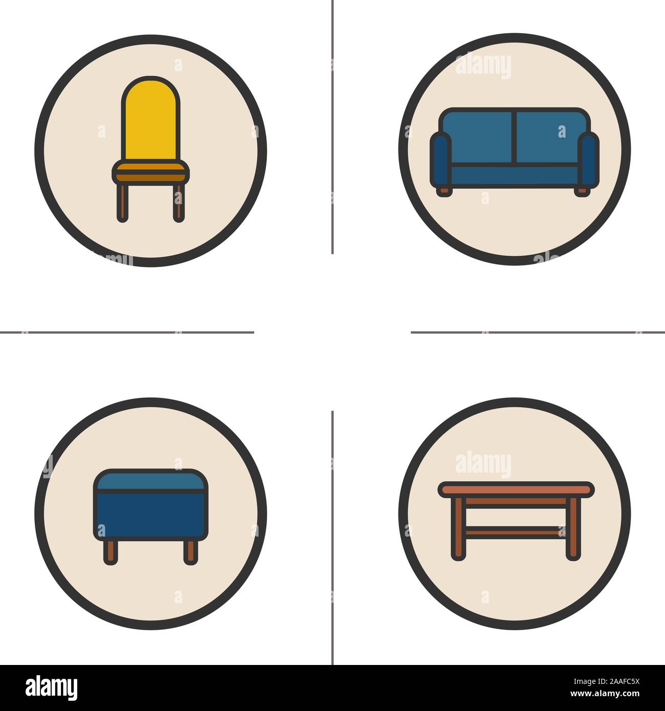 Sitting furniture color icons set. Modern house interior items. Upholstered chair, stool, sofa and wooden bench. Vector isolated illustrations Stock Vector