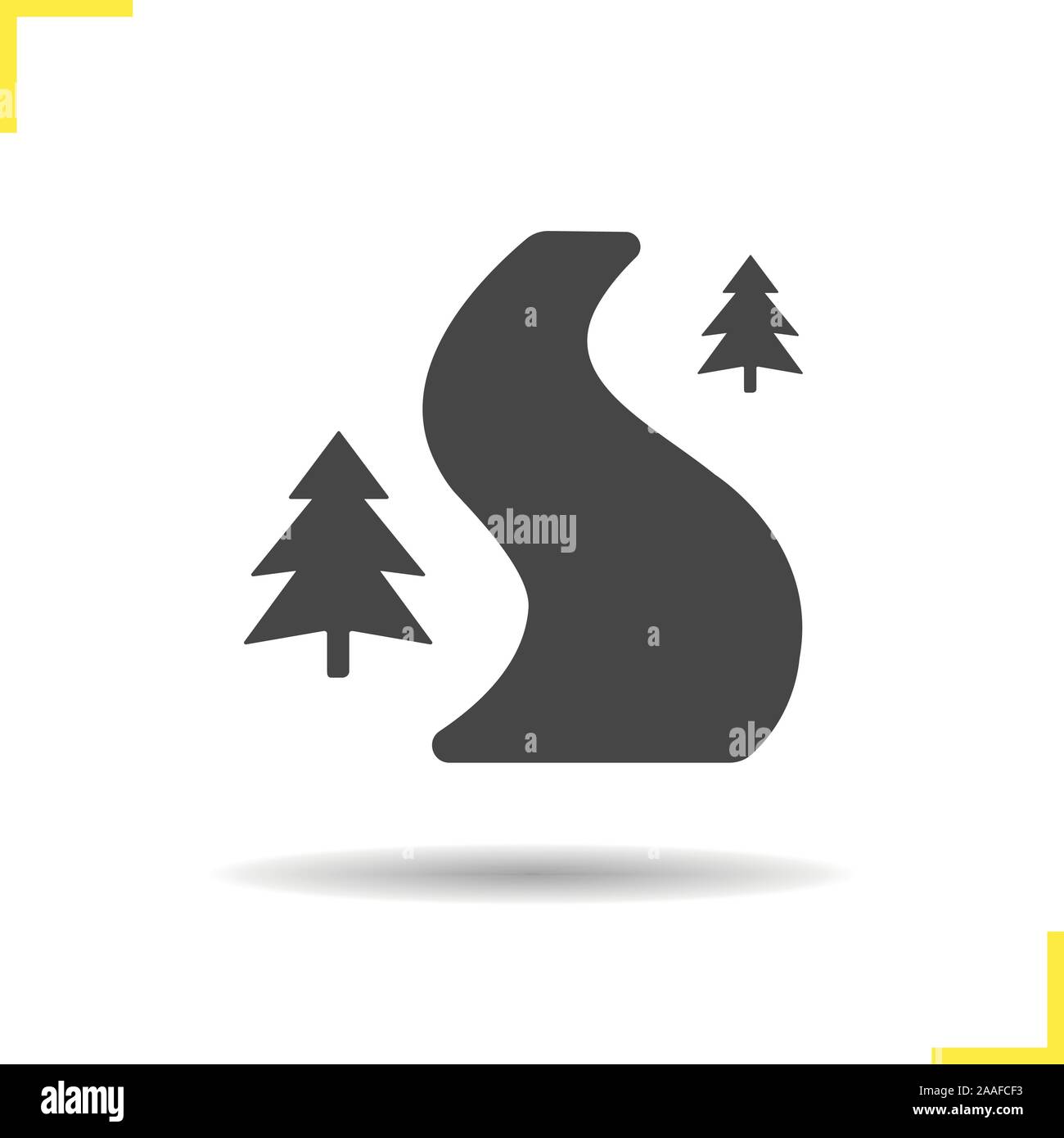 Forest road icon. Drop shadow country road silhouette symbol. Curved forest road. Winding forest
