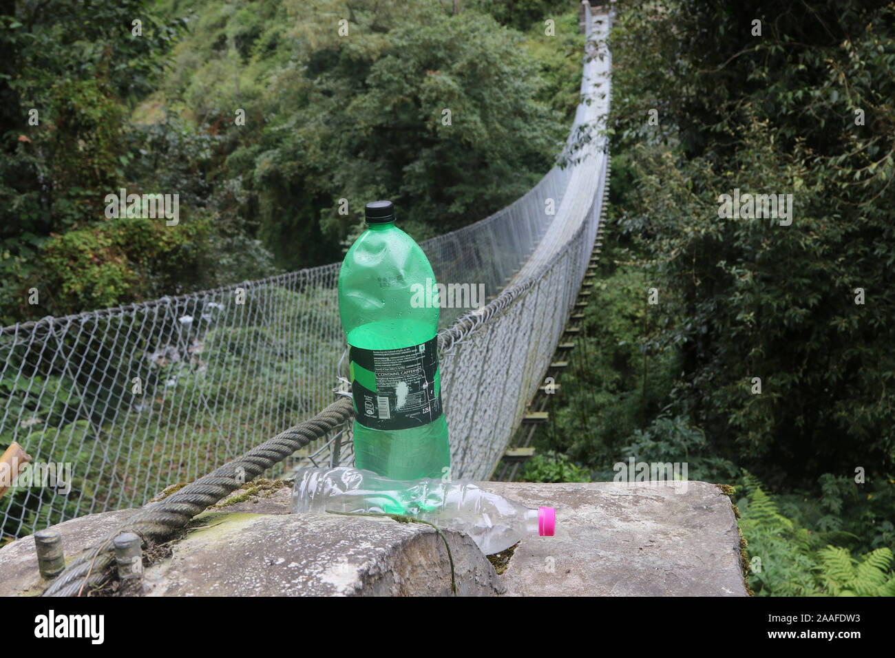 Plastic bottles left by trekkers, Annapurna region, Himalayas, Nepal Stock Photo