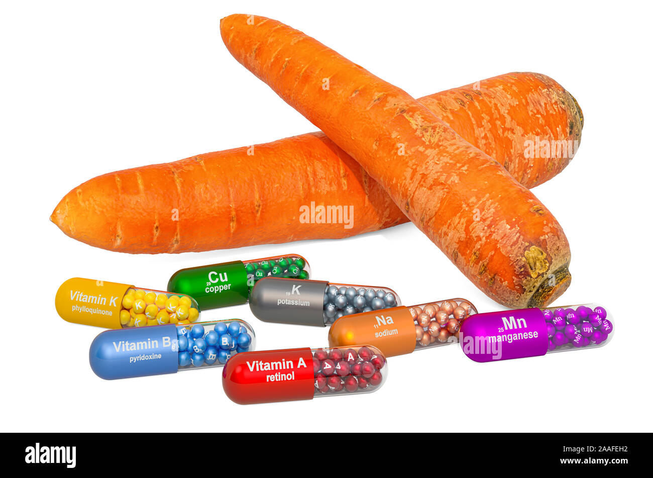 Vitamins and minerals of carrot, 3D rendering isolated on white