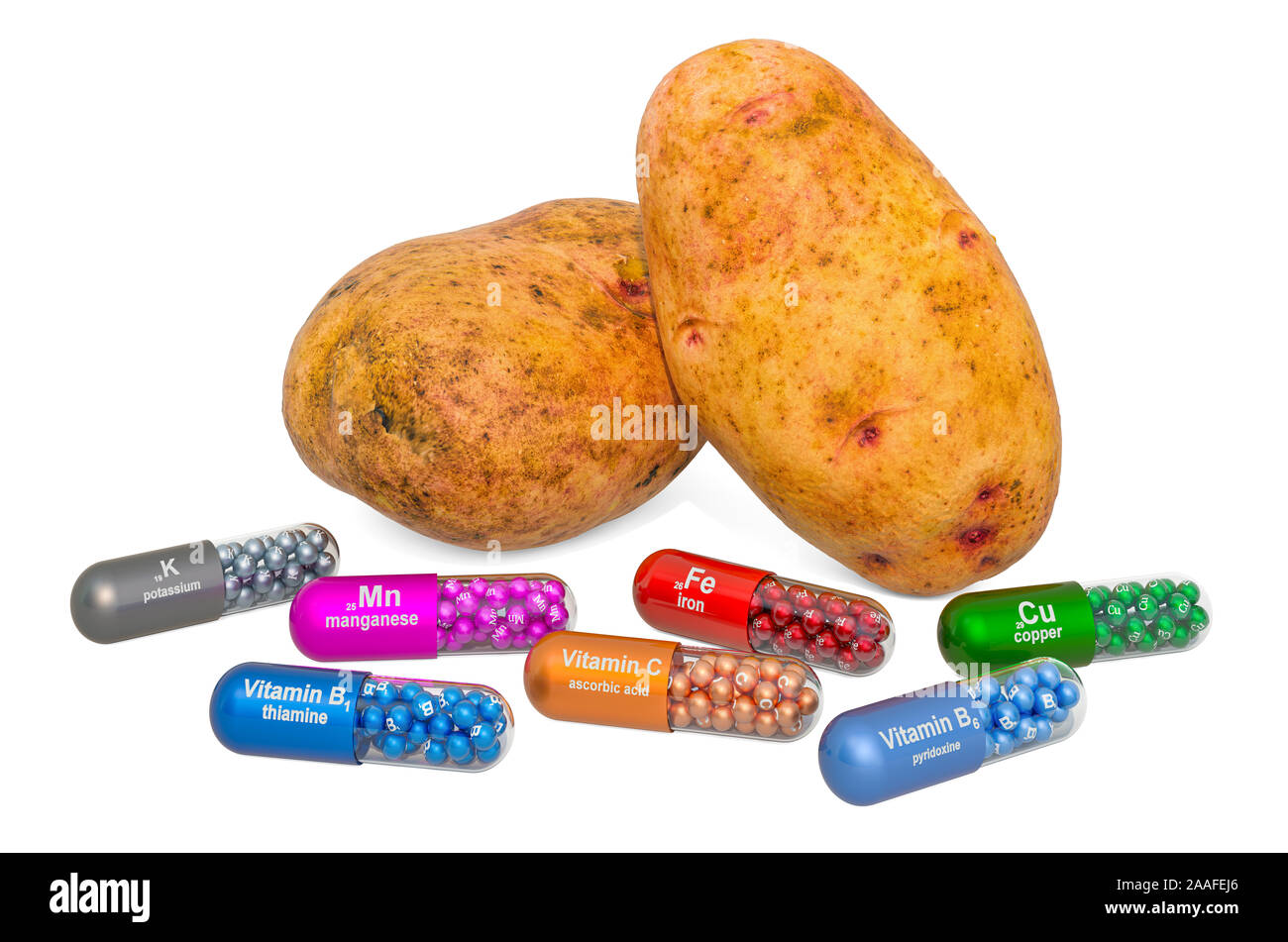 Vitamins and minerals of potatoes, 3D rendering isolated on white