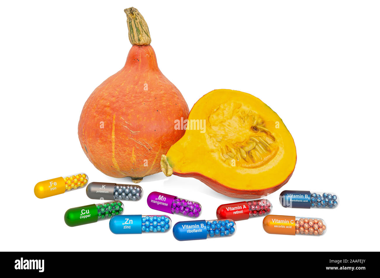 Vitamins and minerals of hokkaido pumpkin, 3D rendering isolated on