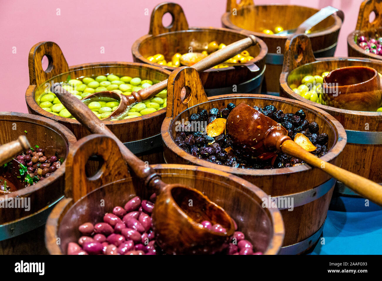 Selection of olives at Seven Dials Market, London, UK Stock Photo