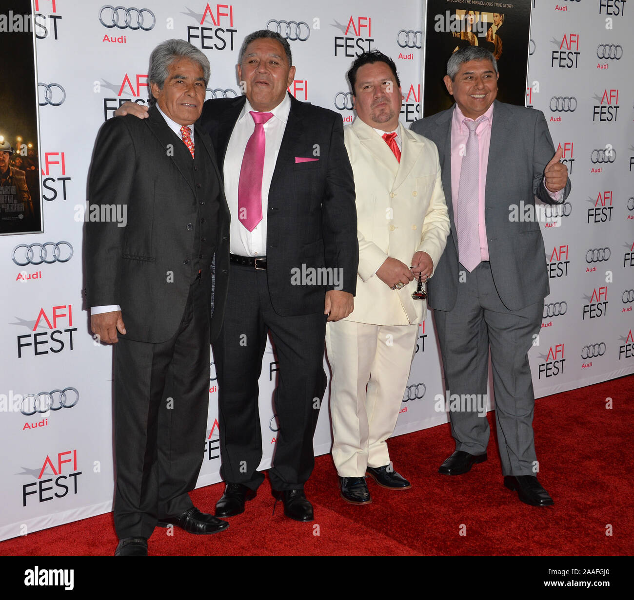 LOS ANGELES, CA - NOVEMBER 9, 2015: Chilean miners Mario Gomez, Luis Urzua, Edison Pena & Juan Carlos Aguilar at the premiere of 'The 33', part of the AFI FEST 2015, at the TCL Chinese Theatre © 2015 Paul Smith / Featureflash Stock Photo