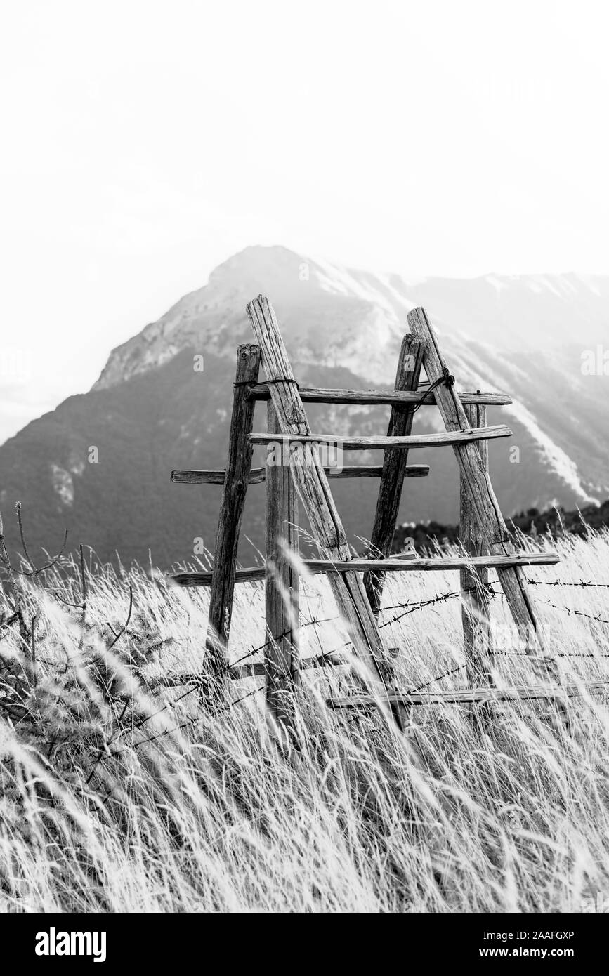 Ladder to climb the sky on a meadow near a mountain Stock Photo