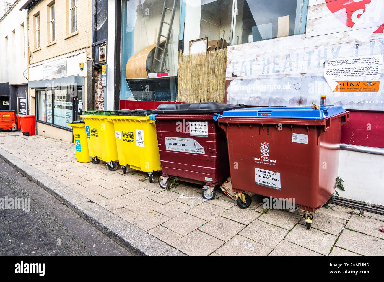 Recycling bins put out by businesses in the city centre of Hanley