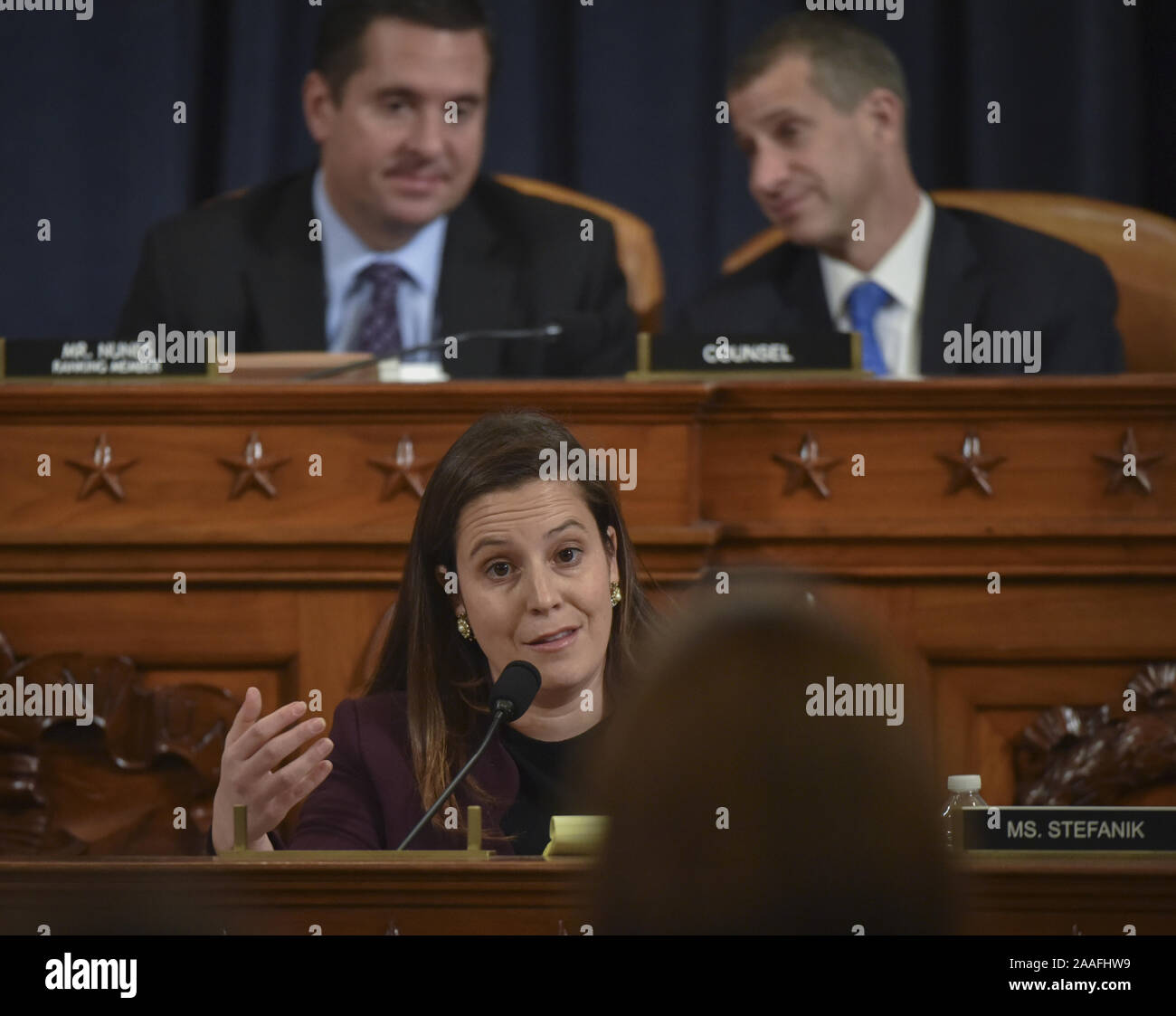Washington, United States. 21st Nov, 2019. Rep. Elise Stefanik, R-N.Y., questions witnesses during a House Intelligence Committee impeachment inquiry hearing on Capitol Hill in Washington, DC on Thursday, November 21, 2019. The committee is receiving testimony from nine witnesses in open hearings this week in the impeachment inquiry into President Donald Trump. Credit: UPI/Alamy Live News Stock Photo