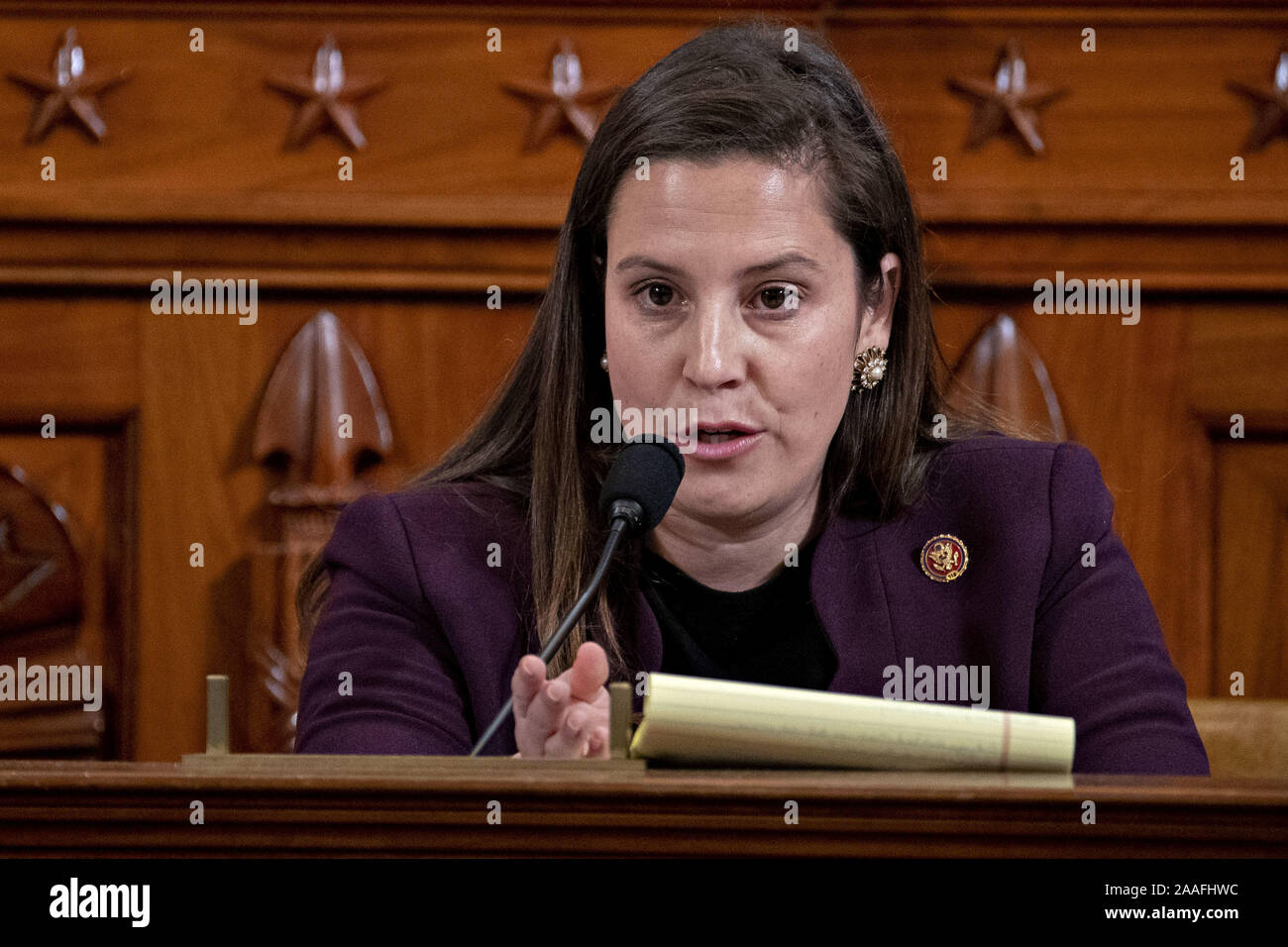 Washington, United States. 21st Nov, 2019. Rep. Elise Stefanik, R-N.Y., questions witnesses during a House Intelligence Committee impeachment inquiry hearing on Capitol Hill in Washington, DC on Thursday, November 21, 2019. The committee is receiving testimony from nine witnesses in open hearings this week in the impeachment inquiry into President Donald Trump. Credit: UPI/Alamy Live News Stock Photo