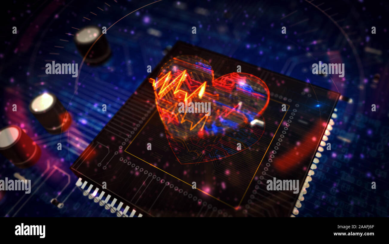 Cyber heart pulse futuristic 3D rendering illustration. Concept of romance, love, health, medicine and advanced cybernetic technology. Abstract digita Stock Photo