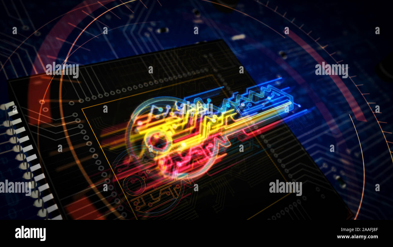 Cyber security key futuristic 3D rendering illustration. Concept of ...