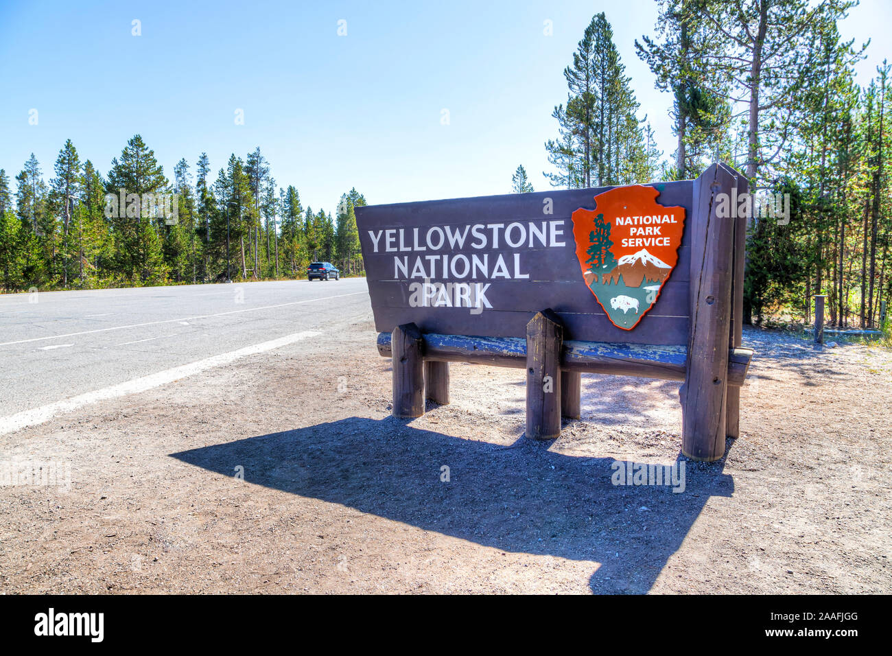 West entrance sign at Yellowstone National Park, Wyoming, USA. Stock Photo