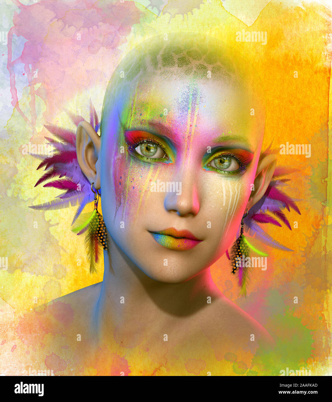 3d computer graphics of a portrait of a woman with colorful makeup and feather earrings Stock Photo