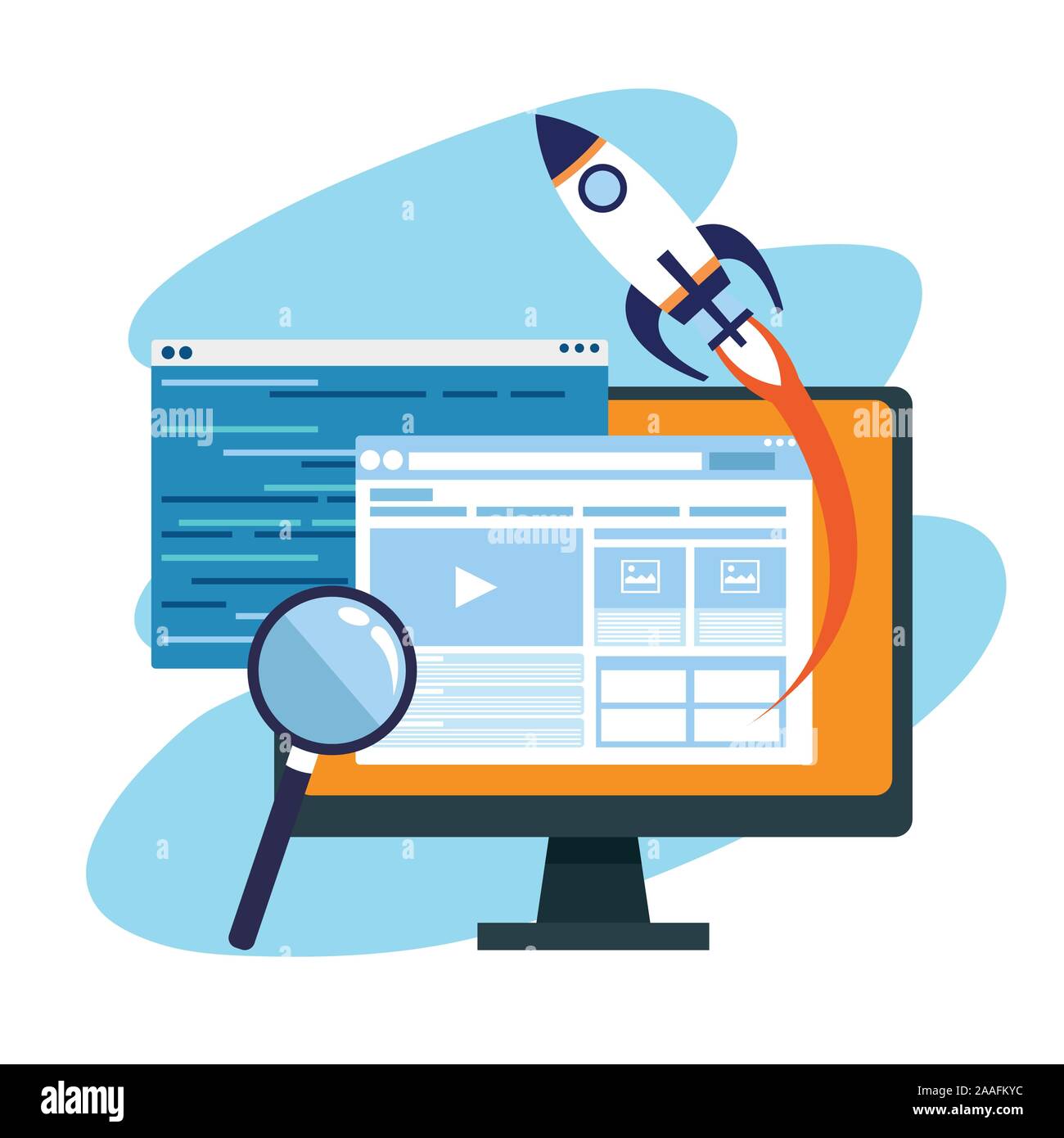 rocket with computer and magnifying glass Stock Vector Image & Art - Alamy