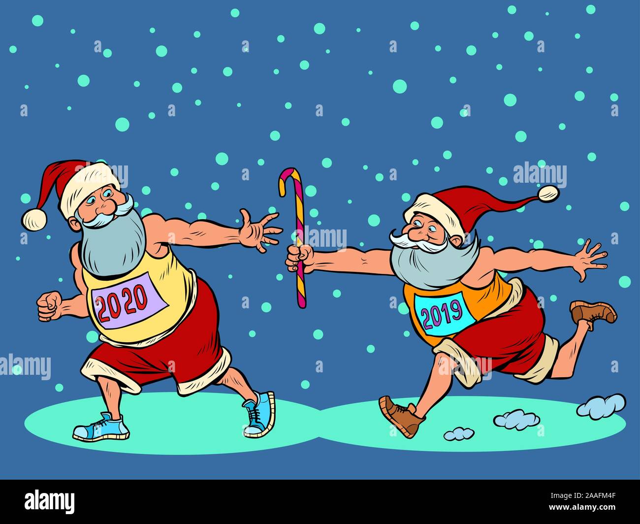 Sports relay. Santa Claus old 2019 and new 2020..Christmas and New year Stock Vector