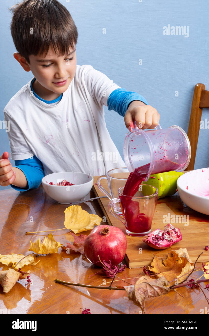 Young boy squeezing and pouring pomegranate juice, making a mess. Face and clothes dirty with red spots. Autumn healthy concept. Stock Photo