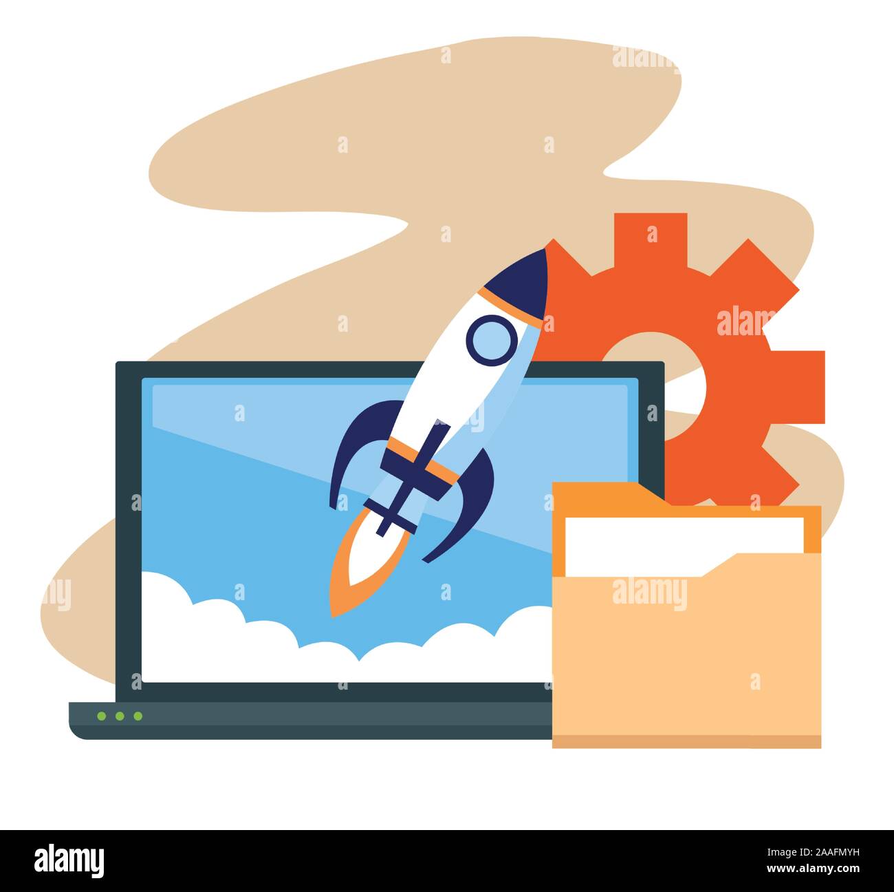 laptop computer and rocket with folder and gear wheel Stock Vector ...