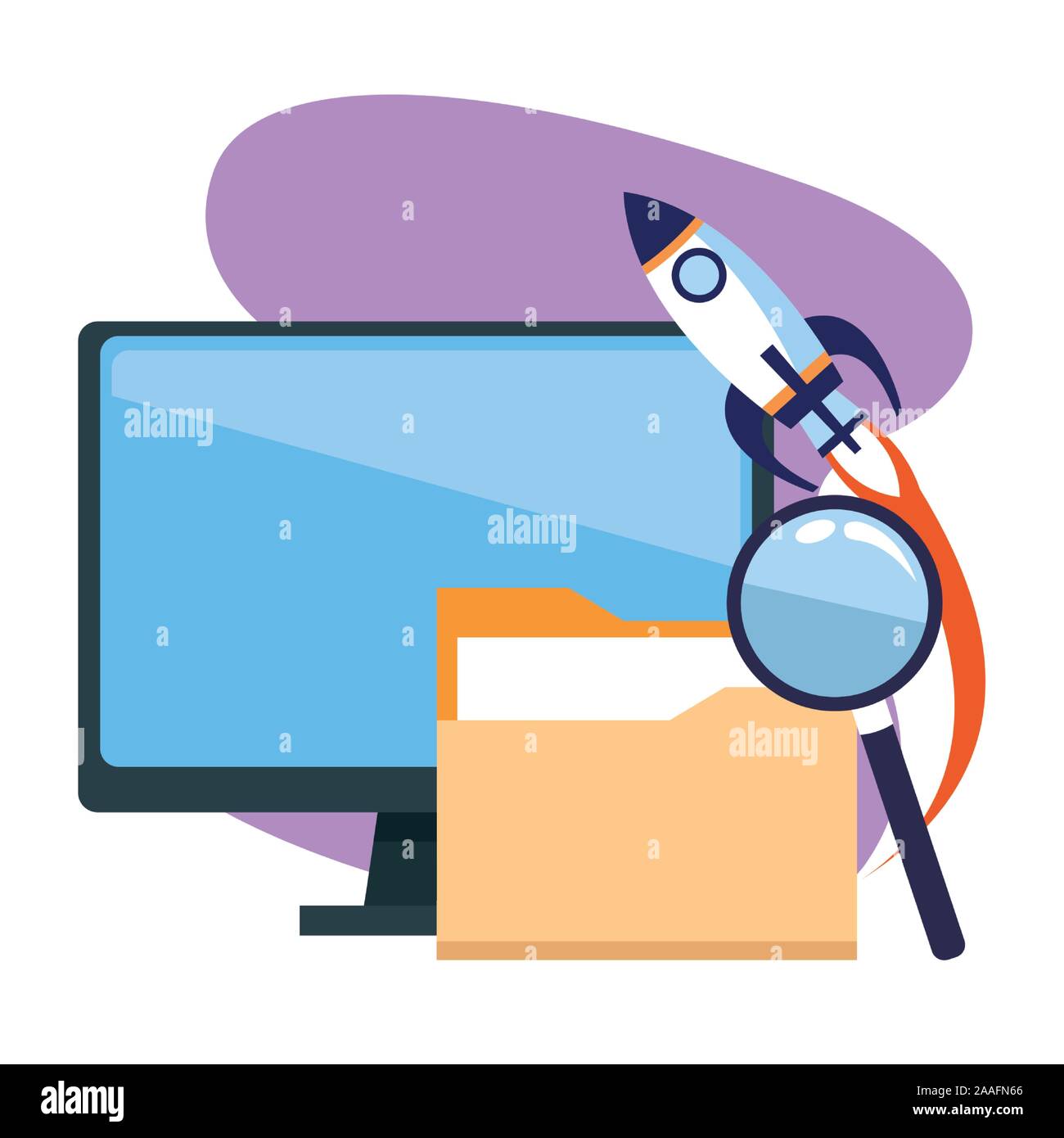 rocket and computer with folder and magnifying glass Stock Vector Image ...
