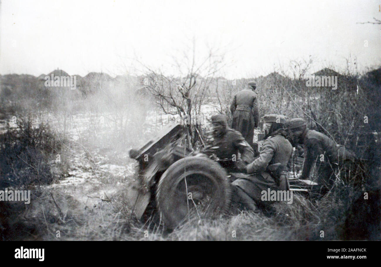 Wehrmacht Troops with a Light Infantry Gun on the Russian Front 1942 . World War Two B/W Private photo from German Archives Stock Photo