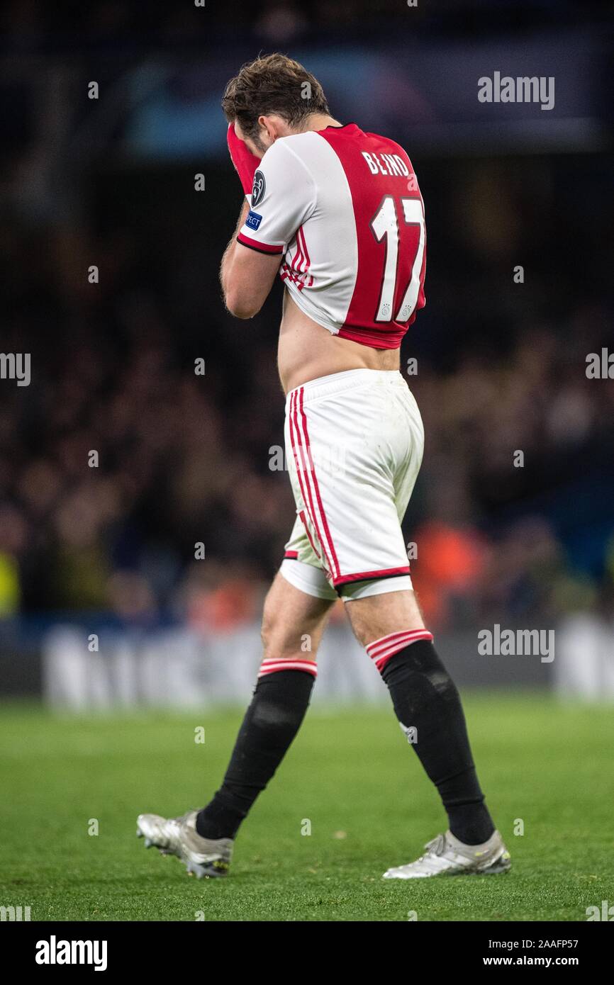 LONDON, ENGLAND - NOVEMBER 05: Daley Blind of AFC Ajax walk off the pitch after revived red card during the UEFA Champions League group H match betwee Stock Photo