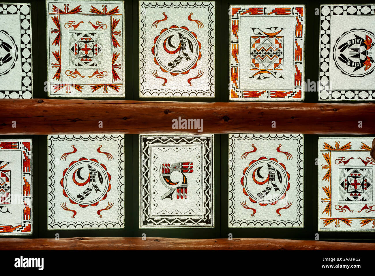 Glass ceiling painted with Indian motifs, Painted Desert Inn National Historic Landmark, Petrified Forest National Park, Arizona USA Stock Photo