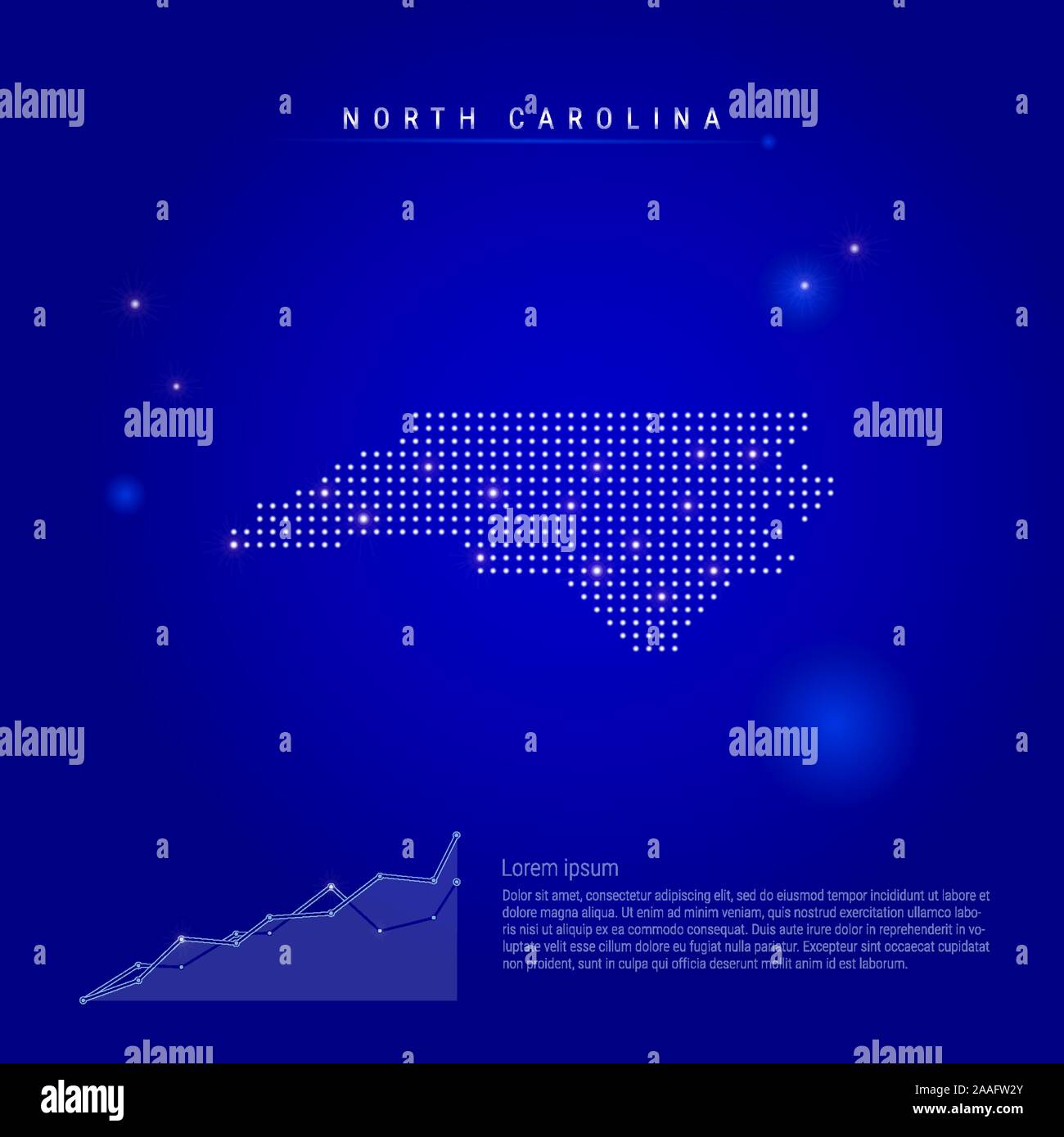 North Carolina US state illuminated map with glowing dots. Infographics elements. Dark blue space background. Vector illustration. Growing chart, lore Stock Vector