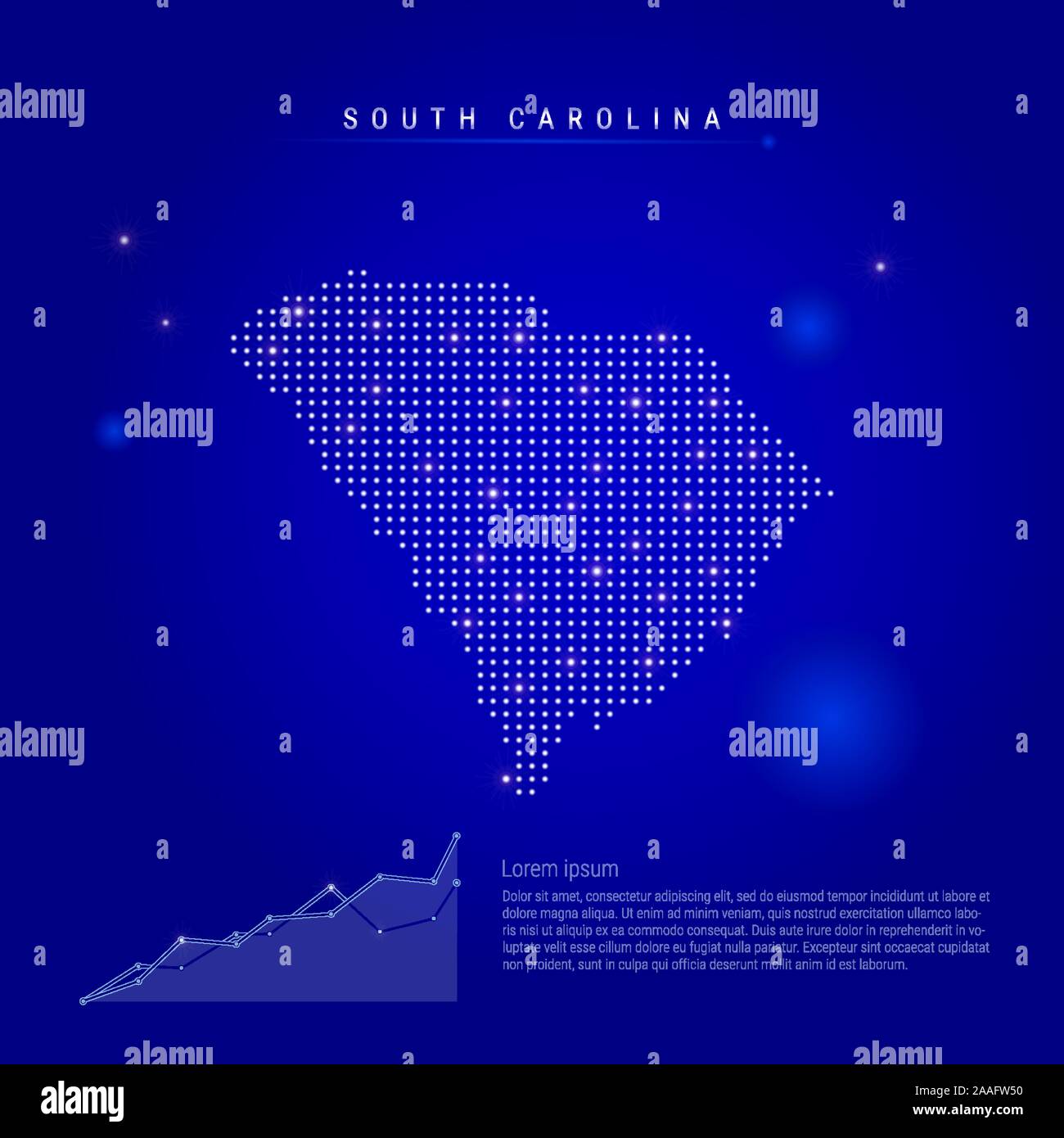 South Carolina US state illuminated map with glowing dots. Infographics elements. Dark blue space background. Vector illustration. Growing chart, lore Stock Vector