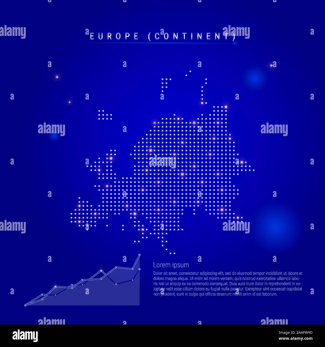 Europe continent illuminated map with glowing dots. Infographics elements. Dark blue space background. Vector illustration. Growing chart, lorem ipsum Stock Vector