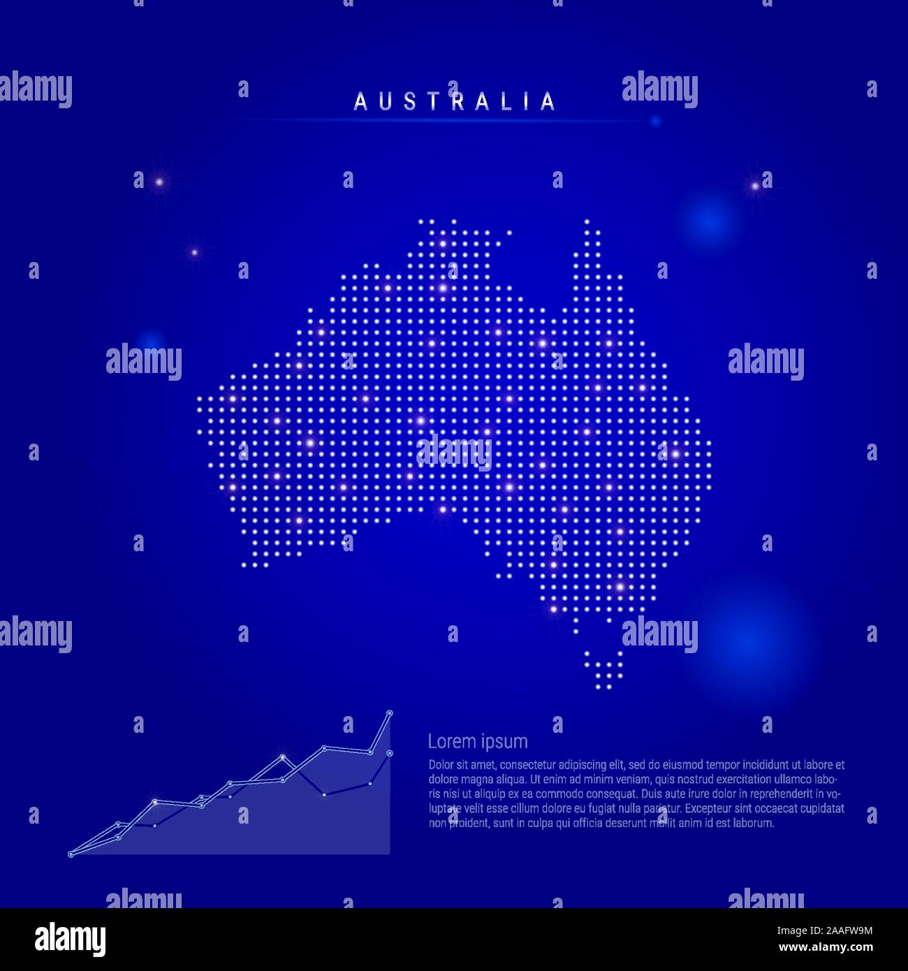 Australia illuminated map with glowing dots. Infographics elements. Dark blue space background. Vector illustration. Growing chart, lorem ipsum text. Stock Vector