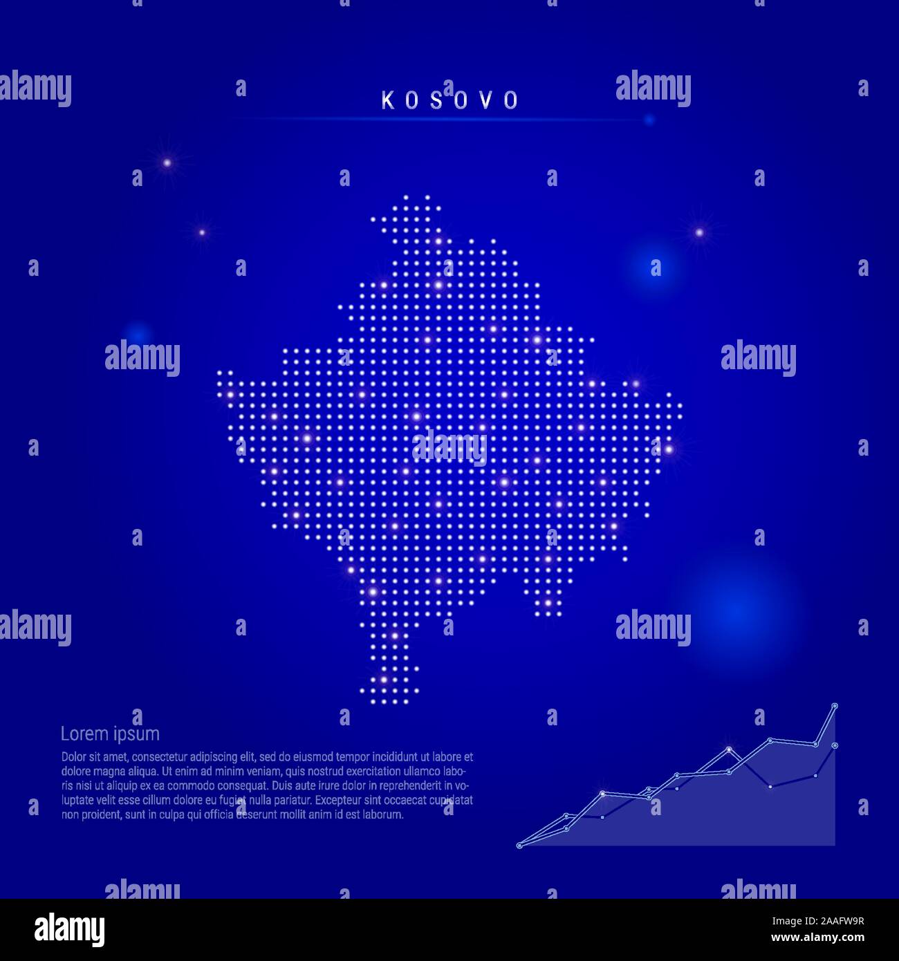 Kosovo illuminated map with glowing dots. Infographics elements. Dark blue space background. Vector illustration. Growing chart, lorem ipsum text. Stock Vector