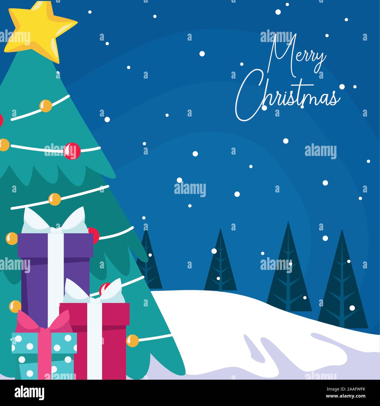 christmas tree with gifts boxes over snowy night background Stock ...