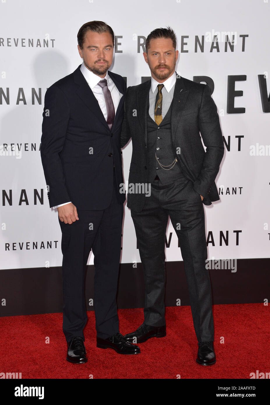 LOS ANGELES, CA - DECEMBER 16, 2015: Actors Leonardo DiCaprio & Tom Hardy  (right) at the Los Angeles premiere of their movie "The Revenant" © 2015  Paul Smith / Featureflash Stock Photo - Alamy