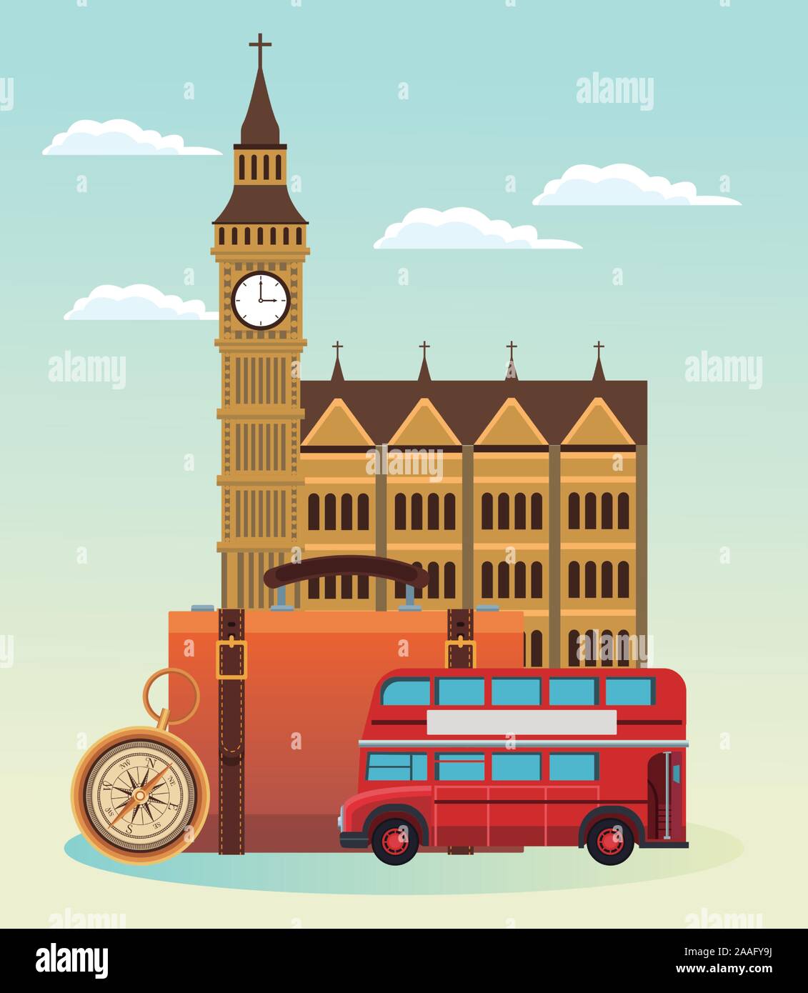 london bus and building with suitcase and compass Stock Vector