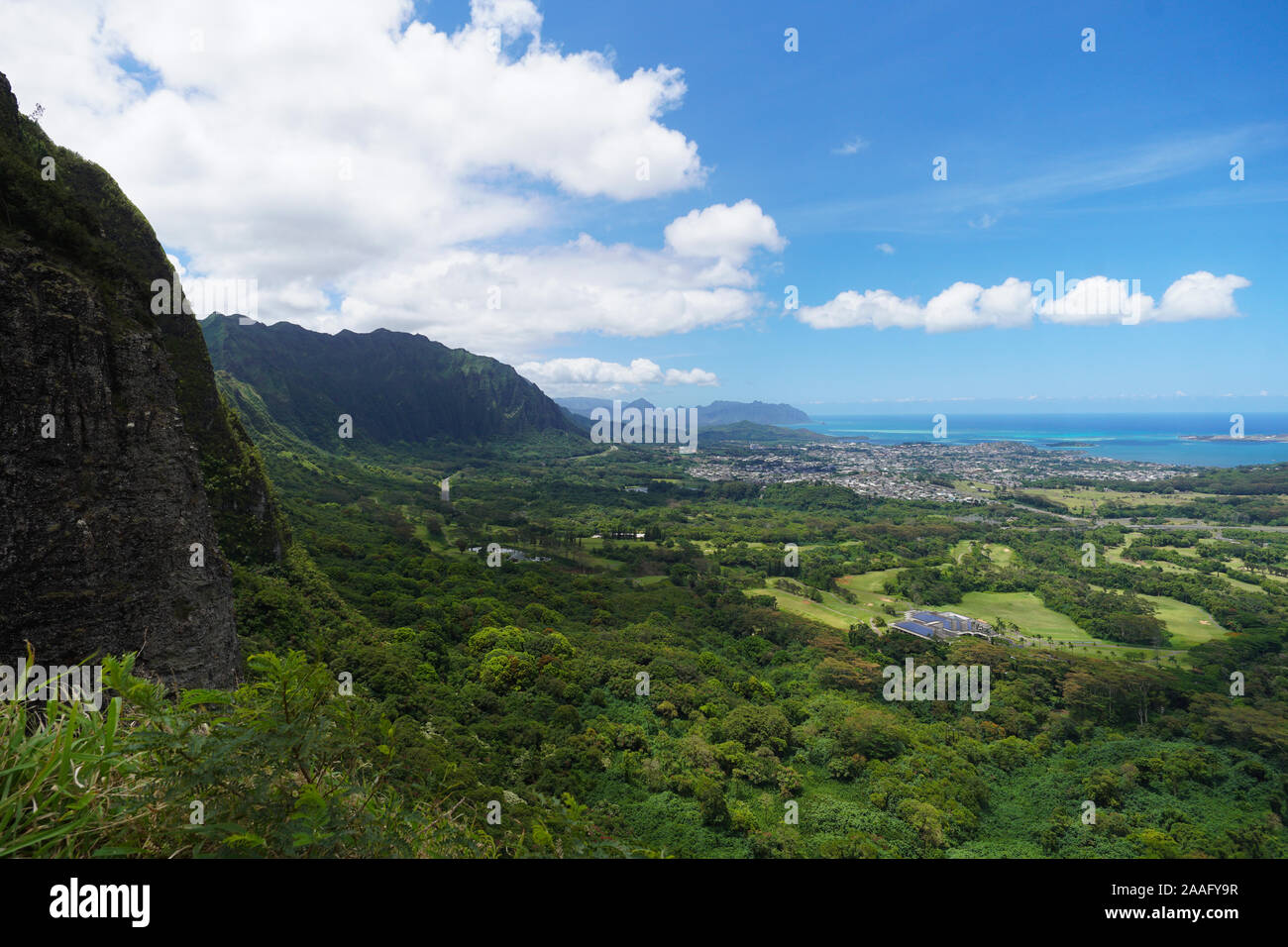 View of lush and beautiful Windward Oahu, Hawaii from the Pali Lookout. Stock Photo