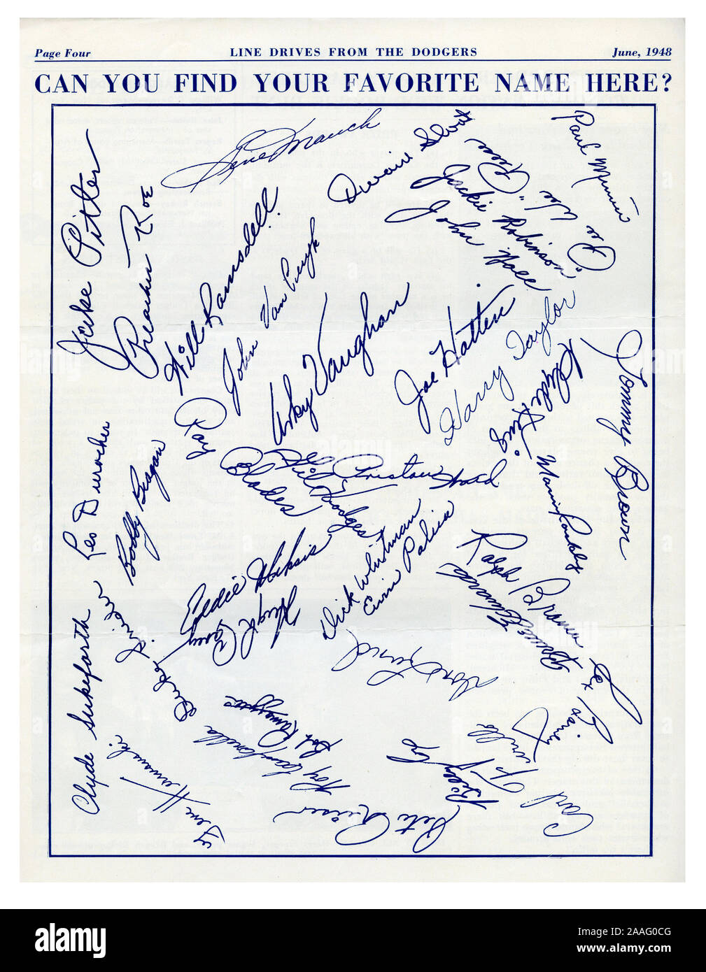 A page in the June 1948 edition of Dodgers Line Drives, the newsletter for the Brooklyn Dodgers to communicate with their fans, displays autographs of all the team's players including Jackie Robinson, who in 1947 became the first African American to cross the major league color line and begin integrating the game. Stock Photo
