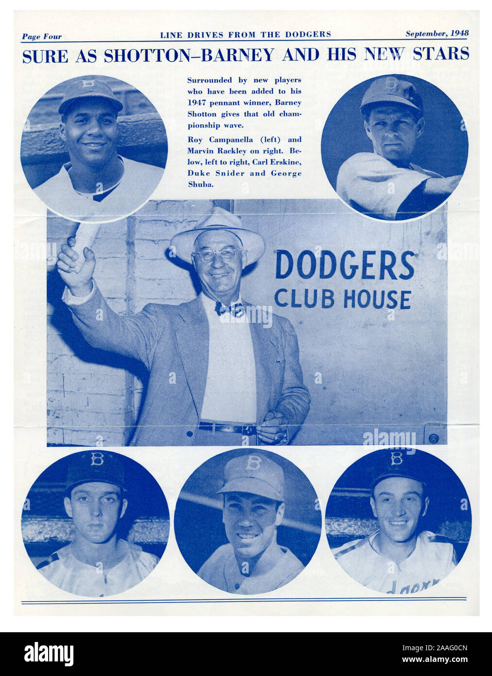 A page in the Sept. 1947 edition of  Dodgers Line Drives, which was the newsletter for the Brooklyn Dodgers to communicate with their fans, introduces young Dodger players including future Hall of Famers Roy Campanella and Duke Snider. Stock Photo