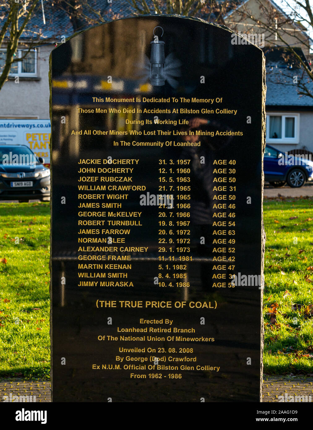 Bilston Glen colliery memorial to killed dead miners, Fountain Green, Loanhead, Midlothian, Scotland, UK Stock Photo