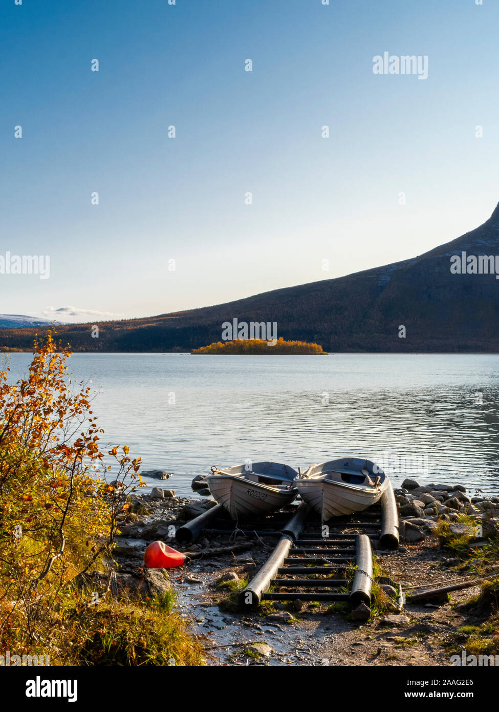 Two rowing boats at an arctic lake during the Kungsleden traverse in swedish lapland Stock Photo