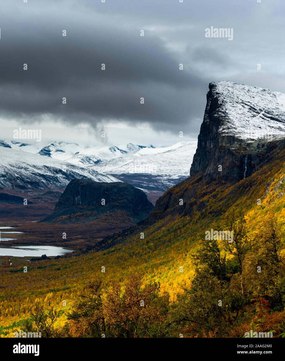 Dramatic view of the Skierffe Mountain in Sarek National Park during the arctic hike of the Kungsleden Stock Photo