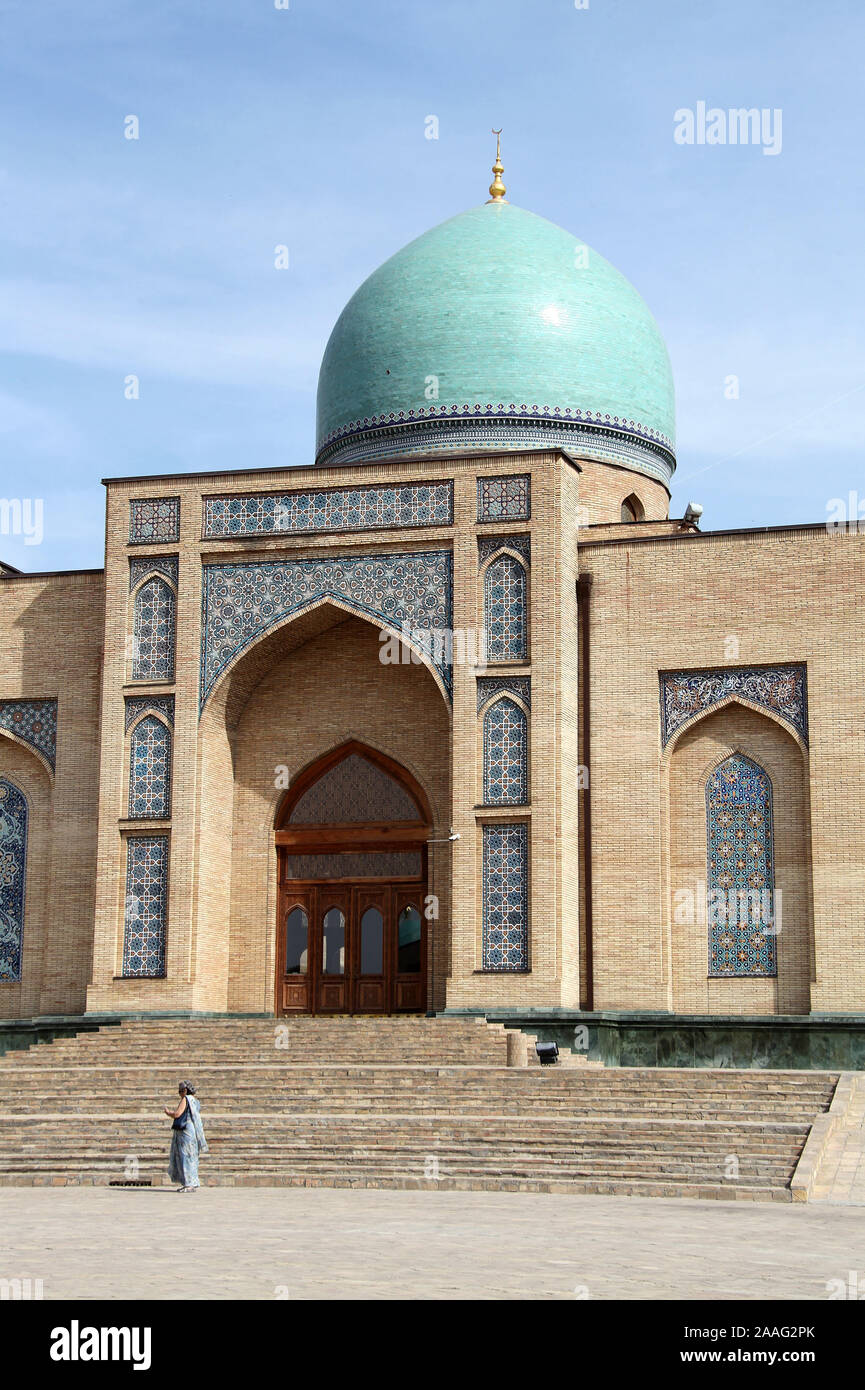 Tourist at the Hazrat Imam Mosque in Tashkent Stock Photo