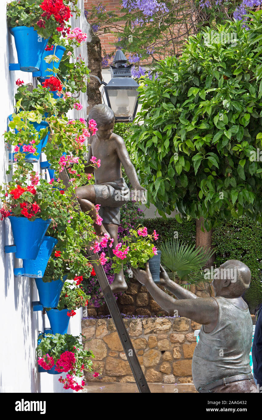 Monument to the courtyards of Cordoba in the Plaza de Manuel Garrido in the San Basilio area. Photo taken during the Festival of the Courtyards in May Stock Photo
