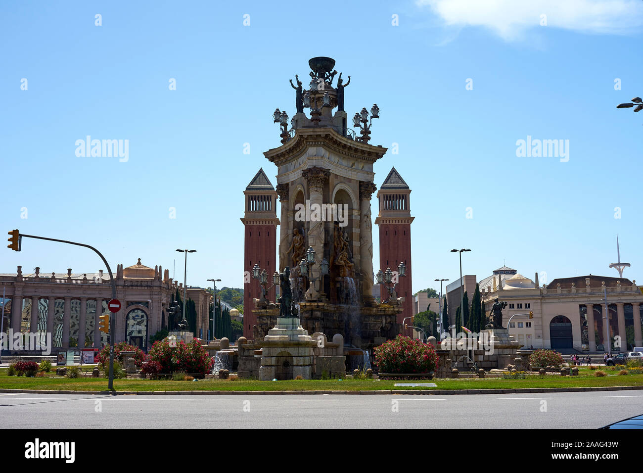 The Plaza de Espana with the Torres Venecianes in Barcelona Stock Photo