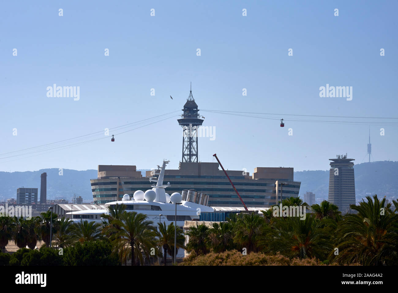 The cable car crosses the port of Barcelona and travels to Montjuic ...
