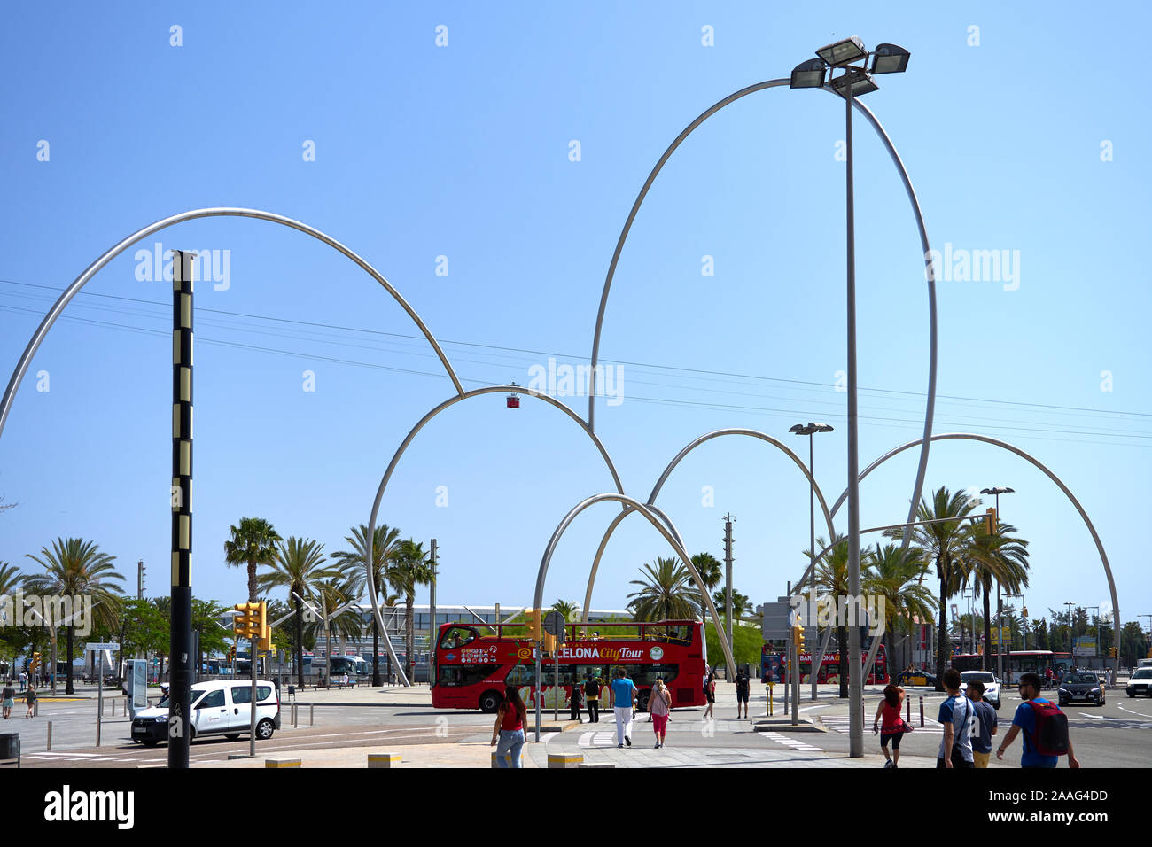 The Onades (Waves) by Andreu Alfaro in the port of Barcelona with the cable car to Montjuic in the background Stock Photo